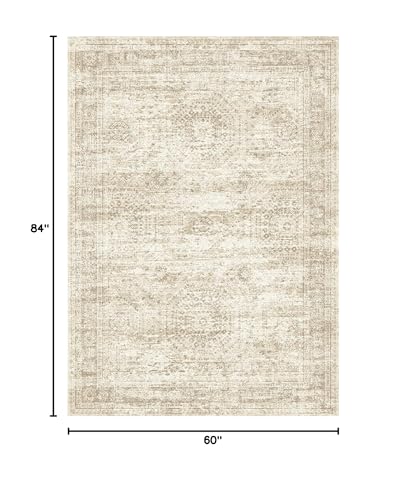 Soalmost 5x7 Area Rugs Beige Low Pile Indoor Washable Trendy Faded Style Rugs for Bedroom Living Room Dining Room Foldable Non-Slip Thin Print Home Office Mat