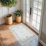 Washable Boho Bathroom Rug 2x3 - Small Throw Area Rugs for Powder Room, Laundry, Kitchen, Blue and Green Oushak Modern Eclectic Geometric Floral Pastel Decor, Low Pile Non-Slip Stain Resistant