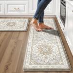 Boho Kitchen Mats for Floor 2 Piece Set Anti Fatigue Cushioned PVC Kitchen Rugs Non Slip Waterproof Farmhouse Mats 2/5 Inch Comfort Standing Mat for Sink, Laundry, 17.3"x47"+17.3"x28", Beige Tan