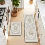 Boho Kitchen Mats for Floor 2 Piece Set Anti Fatigue Cushioned PVC Kitchen Rugs Non Slip Waterproof Farmhouse Mats 2/5 Inch Comfort Standing Mat for Sink, Laundry, 17.3"x47"+17.3"x28", Beige Tan