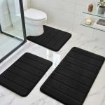 BYSURE Black Memory Foam Bathroom Rug Set 3 Piece, Non Slip Extra Soft Absorbent Washable & Dry Toilet Bath Mat Sets