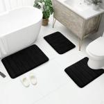 BYSURE Black Memory Foam Bathroom Rug Set 3 Piece, Non Slip Extra Soft Absorbent Washable & Dry Toilet Bath Mat Sets
