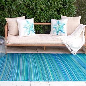 Fab Habitat Outdoor Rug - Waterproof, Fade Resistant, Crease-Free - Premium Recycled Plastic - Striped - Large Patio, Deck, Sunroom, Camping, RV - Cancun - Turquoise & Moss Green - 6 x 9 ft
