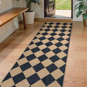 Lahome Checkered Easy Jute Runner Rug, 2x8 Hallway Kitchen Runner Rug Non Slip Washable Outdoor Carpet for Entryway Indoor, Checkerboard Black Indoor Outdoor Carpet for Hallway 8ft Entry