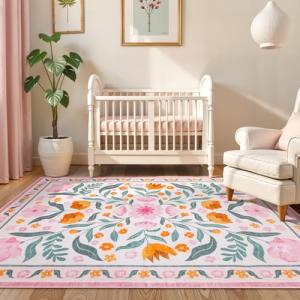 Anidaroel 5x7 Pink Floral Rugs for Bedroom Girls, Washable Area Rugs for Living Room Soft Boho Nursery Rug Non Slip Low Pile Kids Playroom Rug Indoor Throw Carpet for Dorm Bedside