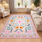 Anidaroel 5x7 Pink Floral Rugs for Bedroom Girls, Washable Area Rugs for Living Room Soft Boho Nursery Rug Non Slip Low Pile Kids Playroom Rug Indoor Throw Carpet for Dorm Bedside