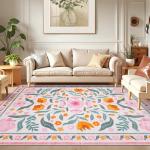 Anidaroel 5x7 Pink Floral Rugs for Bedroom Girls, Washable Area Rugs for Living Room Soft Boho Nursery Rug Non Slip Low Pile Kids Playroom Rug Indoor Throw Carpet for Dorm Bedside