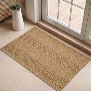 Door Mat Indoor Entrance 2x3 ft Rug, Machine Washable, Bohemian Small Area Rug, Non-Slip, Vintage Design, Pet Friendly, Soft Faux Fibre, Light Taupe Brown, for Indoor Entryways, Kitchens, Front Doors