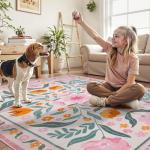 Anidaroel 5x7 Pink Floral Rugs for Bedroom Girls, Washable Area Rugs for Living Room Soft Boho Nursery Rug Non Slip Low Pile Kids Playroom Rug Indoor Throw Carpet for Dorm Bedside