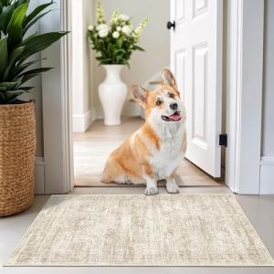 Restydon 2x3 Washable Rug Runner for Bathroom, Soft Entryway Rug for Laundry Room, Kitchen, Vintage Abstract Hallway Runner for Bedroom, Anti-Slip Door Mat Indoor Entrance(2'x3', Beige/Ivory)