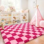 Quntue Checkered Rugs for Bedroom, 4x6 Ultra Fluffy Fuzzy Shag Area Rug for Living Room, Modern Plush Soft Upgrade Non-Slip Carpet for Girls and Kids Room Dorm Nursery Home Decor, Pink and Hot Pink