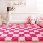 Quntue Checkered Rugs for Bedroom, 4x6 Ultra Fluffy Fuzzy Shag Area Rug for Living Room, Modern Plush Soft Upgrade Non-Slip Carpet for Girls and Kids Room Dorm Nursery Home Decor, Pink and Hot Pink