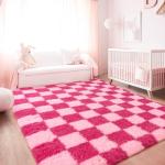 Quntue Checkered Rugs for Bedroom, 4x6 Ultra Fluffy Fuzzy Shag Area Rug for Living Room, Modern Plush Soft Upgrade Non-Slip Carpet for Girls and Kids Room Dorm Nursery Home Decor, Pink and Hot Pink