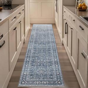 OPPODREAM Thin Vintage Blue 2x8 Runner Rug, 2 x 8 Retro Washable Rug Non Slip, Low-Pile Faux Wool Carpet, Distressed Navy Floor Mat for Kitchen, Hallway, Entry-Way, Entrance, Indoor Back Door