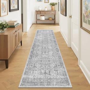 ComiComi Washable 2x8 Runner Rug - Non Slip Vintage Kitchen Runner Rugs Low-Pile Distressed Long Rugs for Hallway Waterproof Indoor Carpet for Living Room Bedroom Entryway 2'x8' Grey