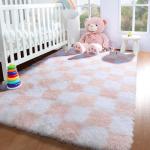 KICMOR Light Pink and White Rugs for Bedroom Girls, 4x6 Fluffy Fuzzy Checkered Shag Area Rug Shaggy Bedside Carpet, Soft Plush Cute Rug for Toddler Kids Baby Nursery Teen Dorm Living Room Home Decor