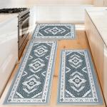 ArtyCozy 3-Piece Boho Washable Kitchen Runner Rug Sets, Soft Faux Wool Carpet Runners with Non-Slip Backing, Stain & Water Resistant Long Mats for Hallway, Laundry, 20"x32" + 20"x48" + 20"x59", Grey