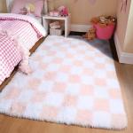 KICMOR Light Pink and White Rugs for Bedroom Girls, 4x6 Fluffy Fuzzy Checkered Shag Area Rug Shaggy Bedside Carpet, Soft Plush Cute Rug for Toddler Kids Baby Nursery Teen Dorm Living Room Home Decor