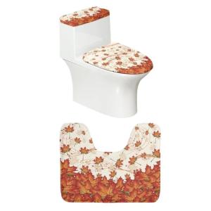 Mintulipy Maple Leave Toilet Cover Sets for Bathroom 3 Piece Thanksgiving Non-Slip Bathroom Rug Ultra Soft Standard Toilet Lid Cover Fits Most Round, Elongated and Oblong Lids