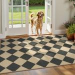 Lessymo Checkered 3x5 Outdoor Patio Rug, Washable Easy Jute Rugs for Entryway Indoor Outdoor Living Room Carpet, Farmhouse Non Slip Door Mat for Backyard Bedroom, Diamond Black/Beige