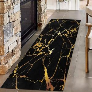USHIRUG Black Gold Texture Marble Rug Runners for Hallways, 1.3x7ft, Abstract Background Runner Carpet, Breathable Cozy Soft Washable Area Rug, Rubber Backed Foldable Bedside Rug for Patio Kitchen