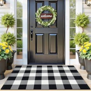 SofterCharm Area Rug, 2’4’’ x 3’7’’ Black and White Checkered Rug Plaid Outdoor Rugs, Soft Machine Washable Cotton Woven Welcome Mat Area Rugs for Home Decor, Bedroom, Doormat, Balcony, Porch, Patio