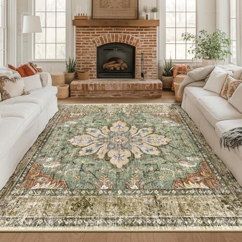 RELEANY Area Rugs Square 8ft Washable Non-Slip, Floral Vintage Distress Print Pattern Medallion Carpet
