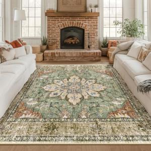 RELEANY Area Rugs Square 8ft Washable Non-Slip, Floral Vintage Distress Print Pattern Medallion Carpet for Living Room Bedroom Dining Room, Brick Red Rust Neutral Brown Burnt Orange Green