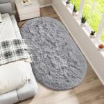 LOCHAS Bedroom Rug 2.6' x 5.3', Gray Fluffy Shaggy Area Rug for Bedroom Bedside, Soft Oval Throw Rugs Carpet for Kids Girls Nursery Living Room Home Decor