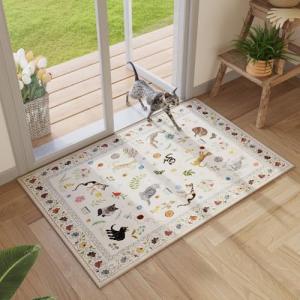 Rugcomf Door Mat Indoor Entrance 2x3 Rug Machine Washable Boho Floral Animal Cat Small Area Rug Non-Slip Low Pile Throw Rugs for Entryway Kitchen Front Door Indoor Entrance Entry Kids Room, Beige