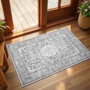 Flagover Grey Small Washable Area Rug, 2x3 Boho Vintage Entryway Rugs, Soft Non Slip Floral Door Mat, Aesthetic Low Pile Carpet for Front Door Entry Carpets Entrance Bedroom Kitchen