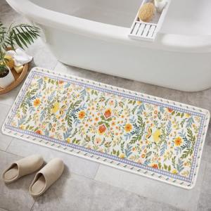BBSET Sage Green Floral Bathroom Rug 47 * 16inch Long Plant Bath Mat for Shower Non Slip Absorbent Cute Leaf Bath Rugs (Yellow Flower)