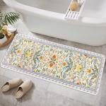 BBSET Sage Green Floral Bathroom Rug 47 * 16inch Long Plant Bath Mat for Shower Non Slip Absorbent Cute Leaf Bath Rugs (Yellow Flower)