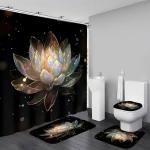 AZHM 4PCS Lotus Shower Curtain Set Black and Gold Flower Bathroom Decor Sets with Shower Curtain and Rugs and Accessories with 12 Hooks for Toilet