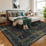 Lessymo Floral Black Green Washable Rugs 8x10, Living Room Area Rug Non Slip Boho Low Plie Large Carpet for Bedroom Dining Room Home Office, Vintage Flower Decor Distressed Retro Indoor