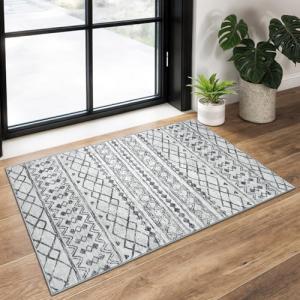 KUTA Washable Non-Slip Rugs for Entryway 2x3, Grey Moroccan Boho Small Area Rug, Ultra Soft Vintage Geometric Low-Pile Indoor Door Mat Floor Carpet for Indoor, Entrance, Kitchen, Bathroom, Bedroom