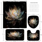 AZHM 4PCS Lotus Shower Curtain Set Black and Gold Flower Bathroom Decor Sets with Shower Curtain and Rugs and Accessories with 12 Hooks for Toilet
