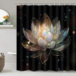 AZHM 4PCS Lotus Shower Curtain Set Black and Gold Flower Bathroom Decor Sets with Shower Curtain and Rugs and Accessories with 12 Hooks for Toilet