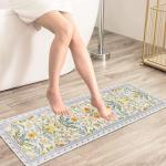 BBSET Sage Green Floral Bathroom Rug 47 * 16inch Long Plant Bath Mat for Shower Non Slip Absorbent Cute Leaf Bath Rugs (Yellow Flower)