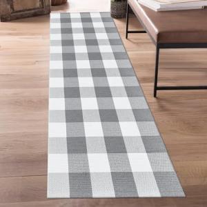 Aoczes Buffalo Plaid Runner Rug 2x6 Feet Grey and White Checkered Runner Rug Cotton Woven Farmhouse Floor Mat Washable Rugs for Hallway Kitchen Laundry Bedroom Living Room
