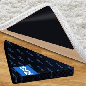 12Pcs Rug Tape, Premium Carpet Tape, Non-Slip Rug Tape for Rugs, No Residue Keep Rugs Flat for Hardwood Floors & Tiles (Black)