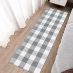 Aoczes Buffalo Plaid Runner Rug 2x6 Feet Grey and White Checkered Runner Rug Cotton Woven Farmhouse Floor Mat Washable Rugs for Hallway Kitchen Laundry Bedroom Living Room