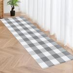 Aoczes Buffalo Plaid Runner Rug 2x6 Feet Grey and White Checkered Runner Rug Cotton Woven Farmhouse Floor Mat Washable Rugs for Hallway Kitchen Laundry Bedroom Living Room