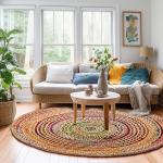 COTTON CRAFT Jute Chindi Braid Rag Rug - Boho Farmhouse Rustic Area Accent Throw Rug - Handwoven Reversible Natural Recycled Cotton - Living Room Den Study Home Décor Gift - 8 Feet Round - Multi Color