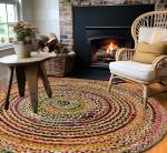 COTTON CRAFT Jute Chindi Braid Rag Rug - Boho Farmhouse Rustic Area Accent Throw Rug - Handwoven Reversible Natural Recycled Cotton - Living Room Den Study Home Décor Gift - 8 Feet Round - Multi Color
