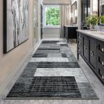 Indoor Runner Rug, Washable Runner Rug with Rubber Backing, Modern Geometric Patchwork Aesthetic Carpet for Bedroom, Living Room, Hallway, Entryway, Washable Rug Rockwood Collection, 2x6 Ft Grey