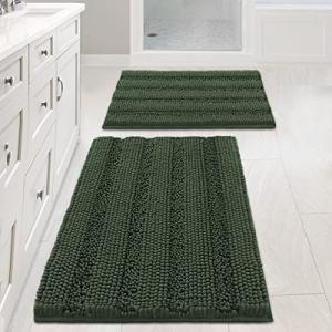 H.VERSAILTEX Extra Thick Chenille Striped Pattern Bath Rugs for Bathroom Non Slip - Soft Plush Shaggy Mats Floor, Indoor Entryway (Bronze Green, 32 x 20 Plus 24 17 Inches)