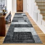 Indoor Runner Rug, Washable Runner Rug with Rubber Backing, Modern Geometric Patchwork Aesthetic Carpet for Bedroom, Living Room, Hallway, Entryway, Washable Rug Rockwood Collection, 2x6 Ft Grey