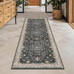 Black Boho Washable 2x6 Runner Rugs for Hallway Kitchen Bedroom Beside Laundry Room Bathroom Rug, Pet & Kids Friendly, Non Slip Low Pile Stain Resistant Soft Foldable Long 24 x 72 Floor Carpet