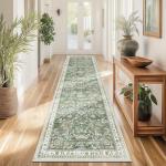 Yamaziot Washable Runner Rug 2x8 – Non Slip Boho Floral Hallway Runner Rug with Rubber Backing, Low Pile Wool Distressed Carpet for Kitchen, Laundry, Bedroom, Entrance, Mottled Green